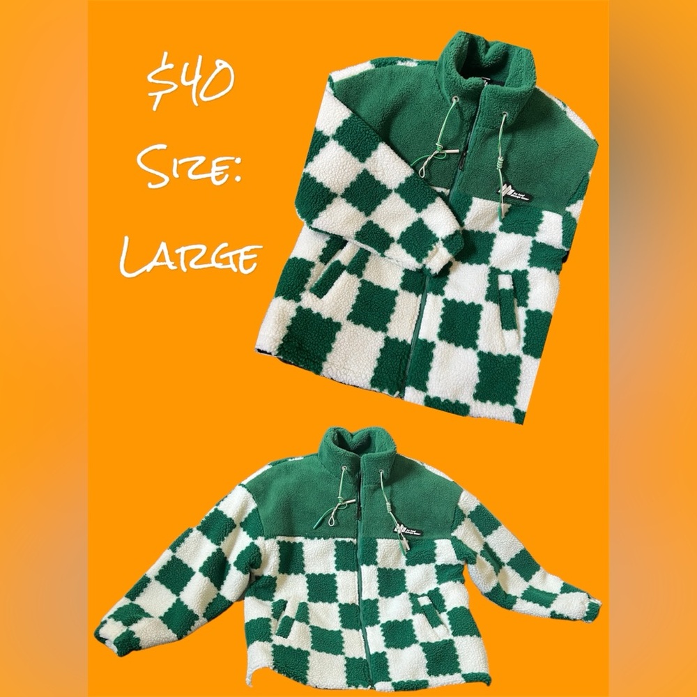 Green/cream checkered zip up Sherpa sweater new without tags.